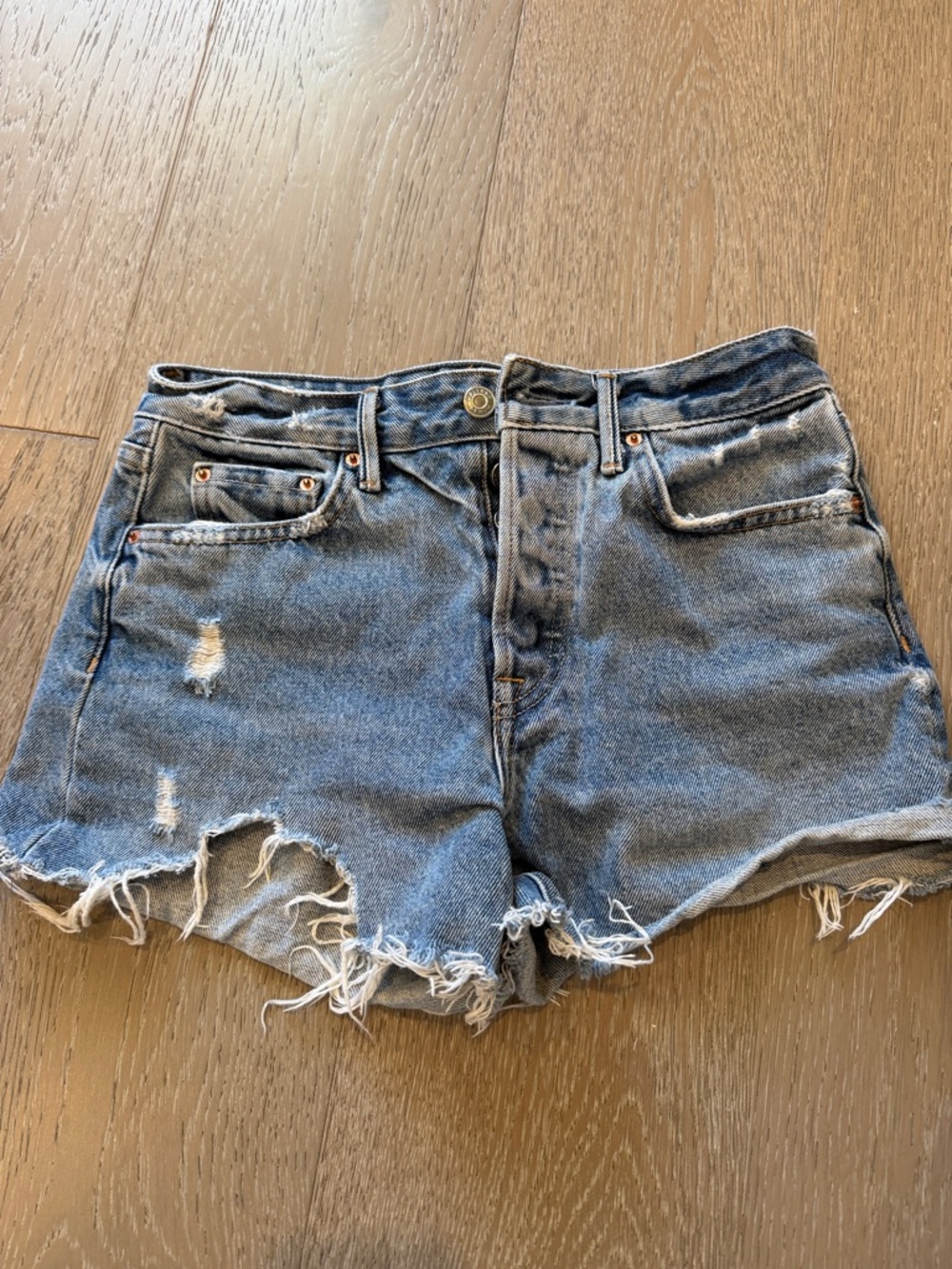 GRLFRND Distressed Cutoff Jean Shorts in Blue Denim